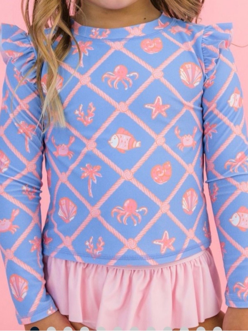Ruffle Butts Kids Tropical Trellis Long Sleeve Rash Guard - Pink & Blue
